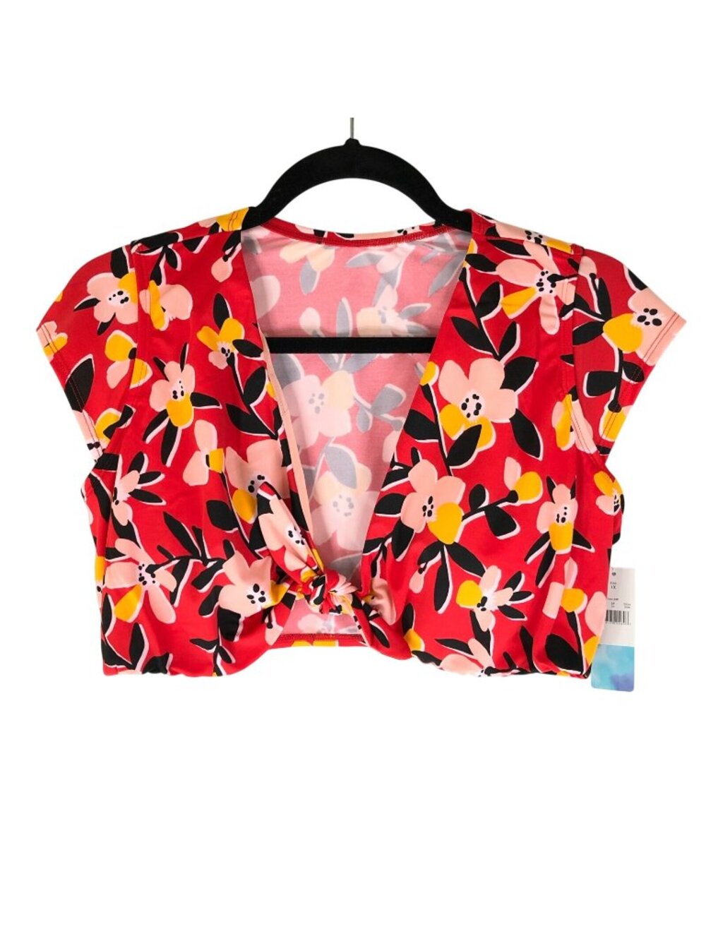 Beach Betty Miracle Brands Bikini Top Cap Sleeve Tie Front Cups Floral Red 1X